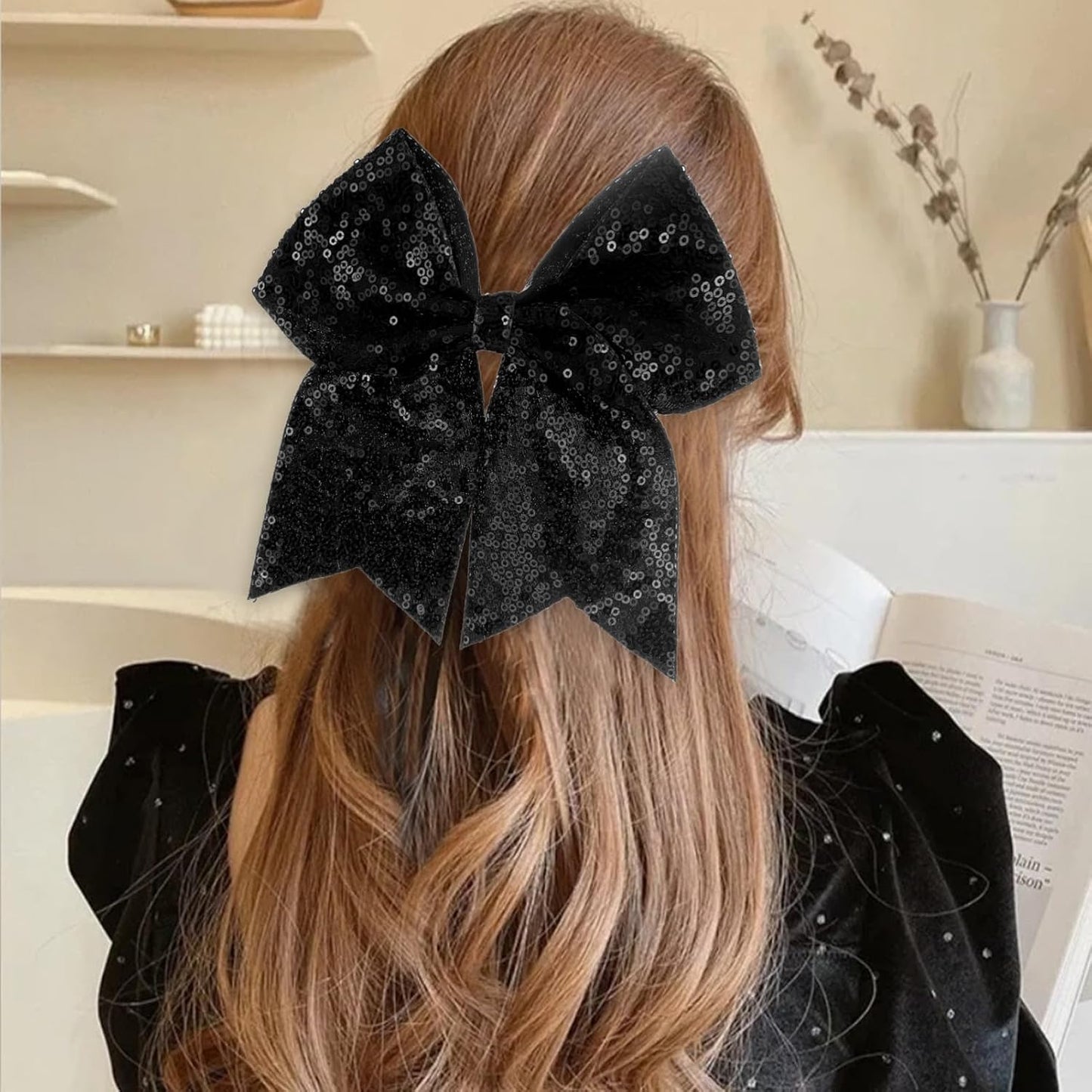 Large Glitter Cheer Bows Clips, Jumbo Big 7 Inch Cheerleading Sequin Hair Bow Hair Accessories for Teens Girls Football Sports Cheerleader Outfit Uniform (Black)