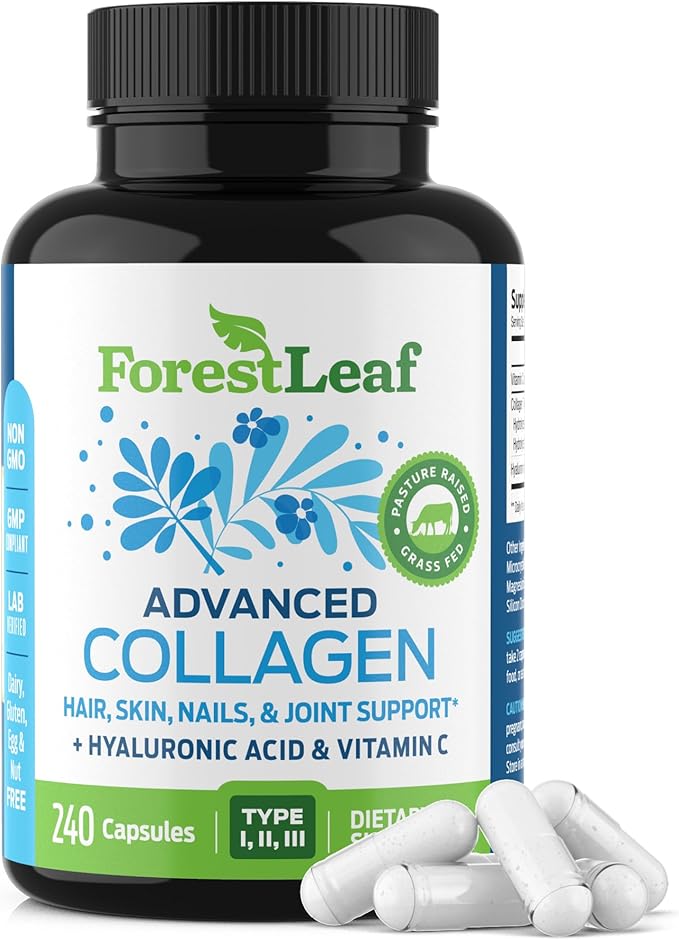 ForestLeaf Multi Collagen Pills - Collagen Men & Collagen Women - Hydrolyzed Collagen Supplements with Vitamin C & Hyaluronic Acid - Collagen Capsules for Hair, Skin & Nails (240 Peptide Capsules)