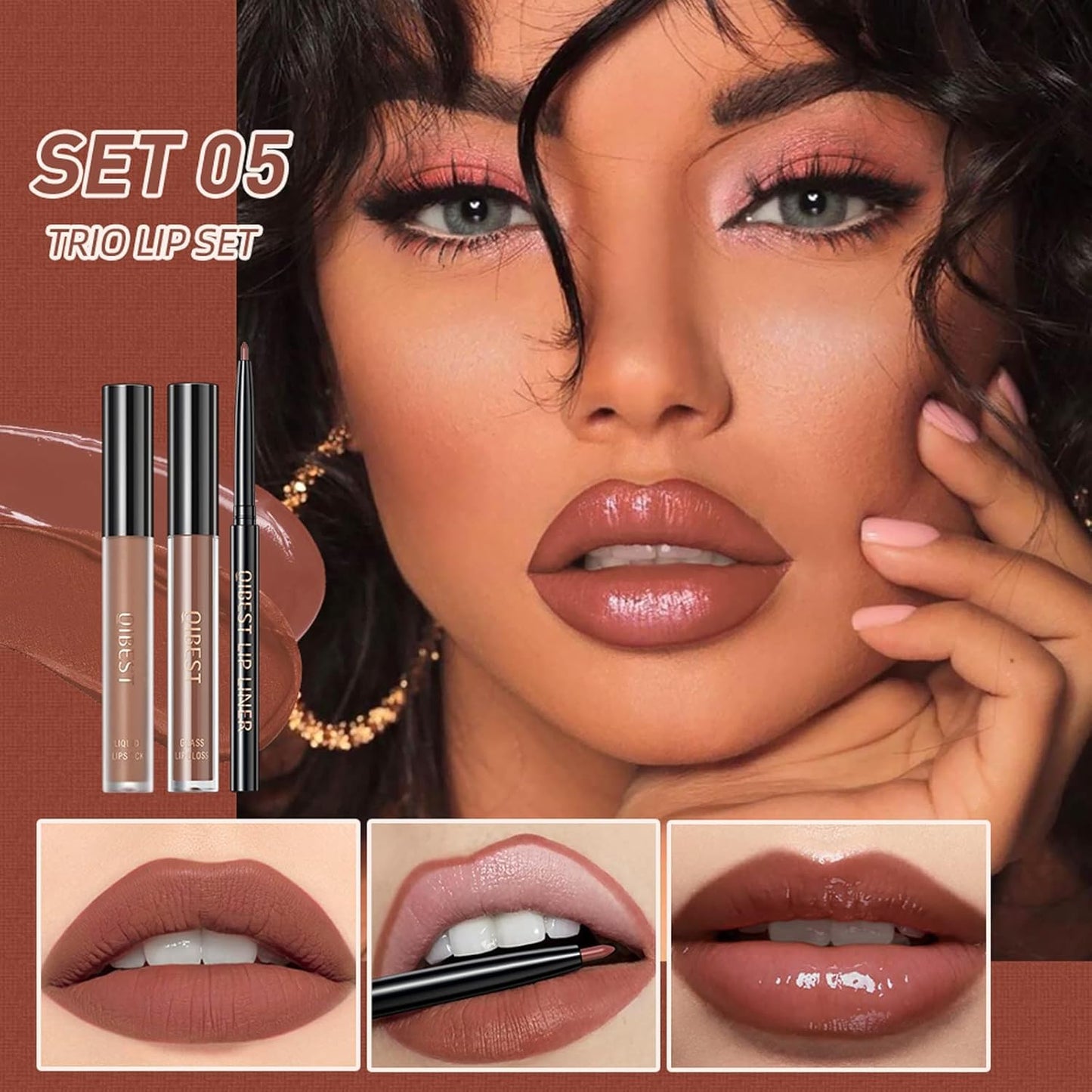 QiBest 3-in-1 Lipstick Set for Women & Teen Girls, Matte Liquid Lipstick + Lip Gloss + Gel Lip Liner Pencil Trio Lip Gift Kit for 24 Hours Long Lasting & Waterproof Lip Makeup (Whiskey Honey)