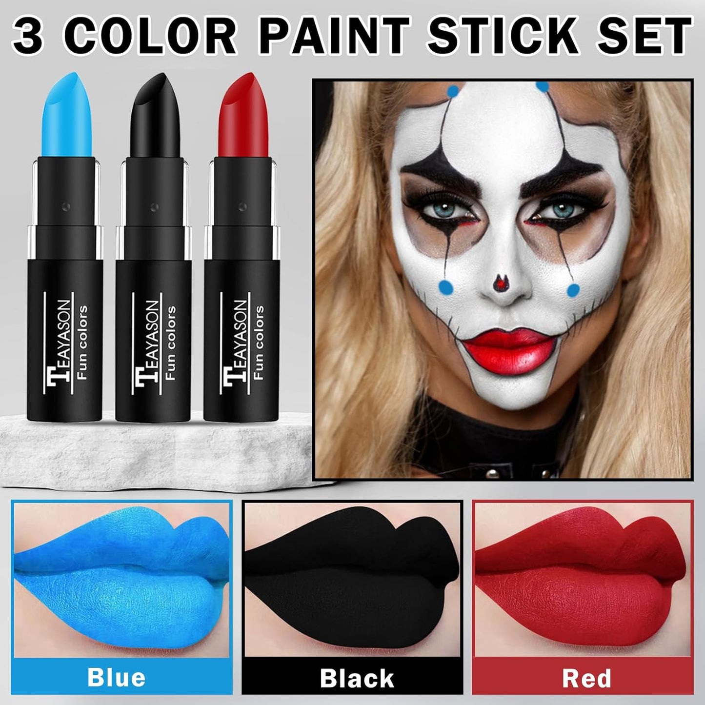 DAMUSI 3 Colors Face Body Paint Sticks for Skin Eye Black Baseball Softball Football Sticks with Brush,Suitable for Clown Cosplay Halloween Joker Vampire Makeup（Blue/Black/Red Face Paint Sticks）