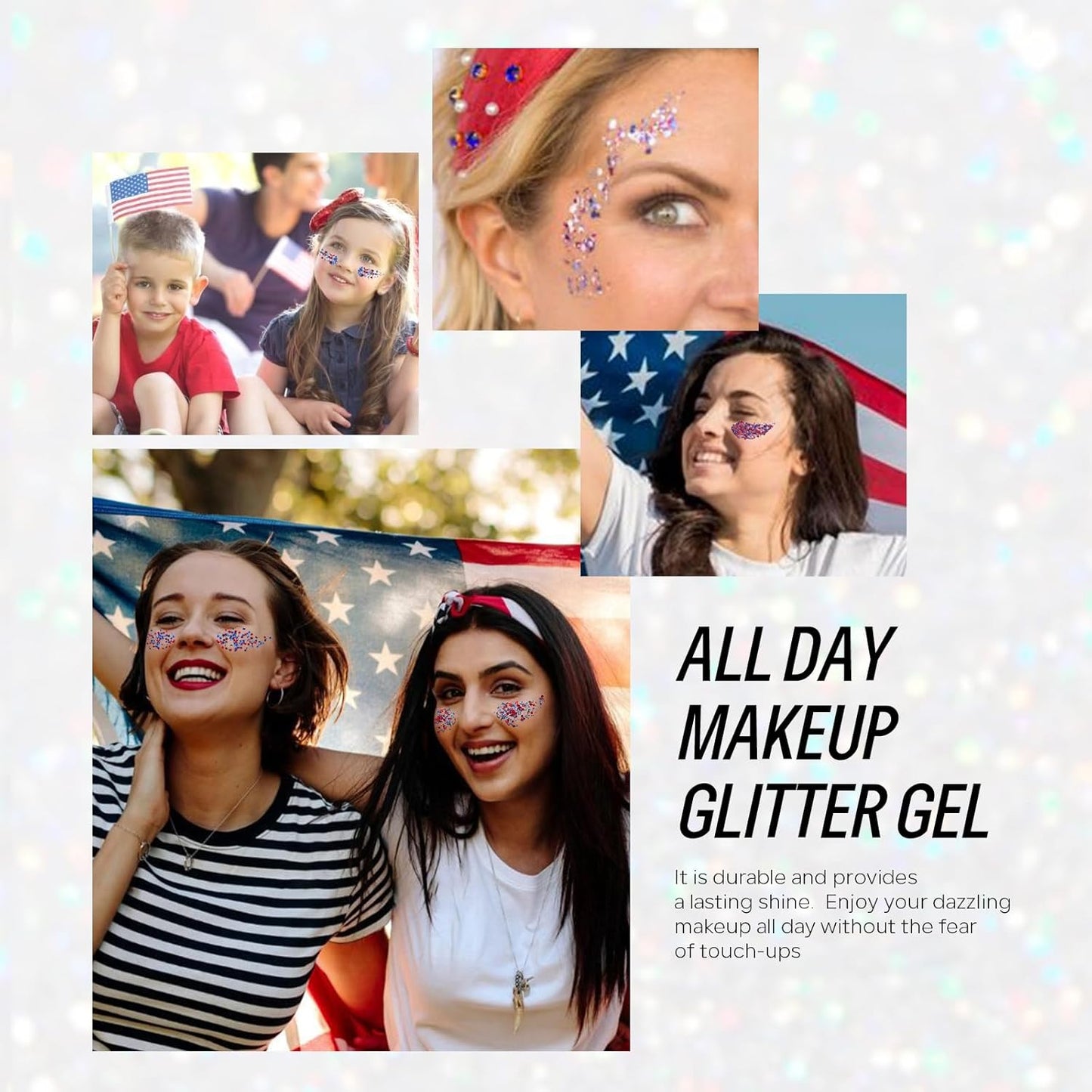 Red White Blue Face Body Hair Glitter Gel, USA Flag Pride 4th of July Patriotic Accessories Face Paint Glitter Makeup, 6 Kinds of Sparkling Sequins for Independence Day Patriotic Veterans Day