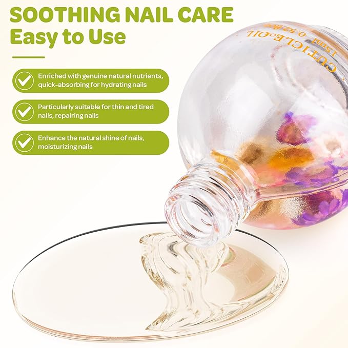 Cuticle Oil, Jasmine Scented Cuticle Nail Oil Infused with Real Flowers, Hydrates, Moisturizes, Strengthens, Repairs, Revitalizing Cuticle Oils for Nails Damage Dry Cuticle, 15ml