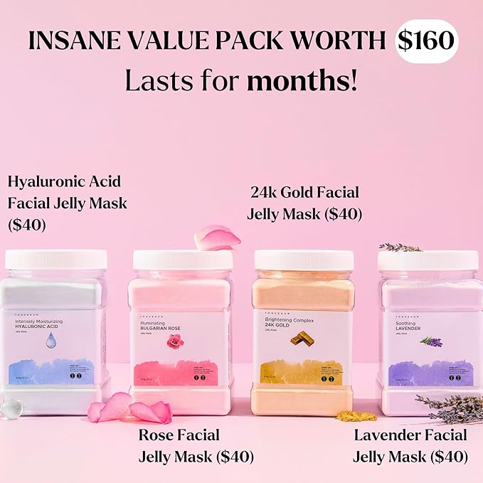 VogueNow Premium Jelly Face Mask for Facials - Bulgarian Rose, 24K Gold, Lavender & Hyaluronic Acid (Pack of 4) - Hydrating, Brightening & Nourishing Jelly Mask | Vajacial | 92 Oz Face Mask Skin Care