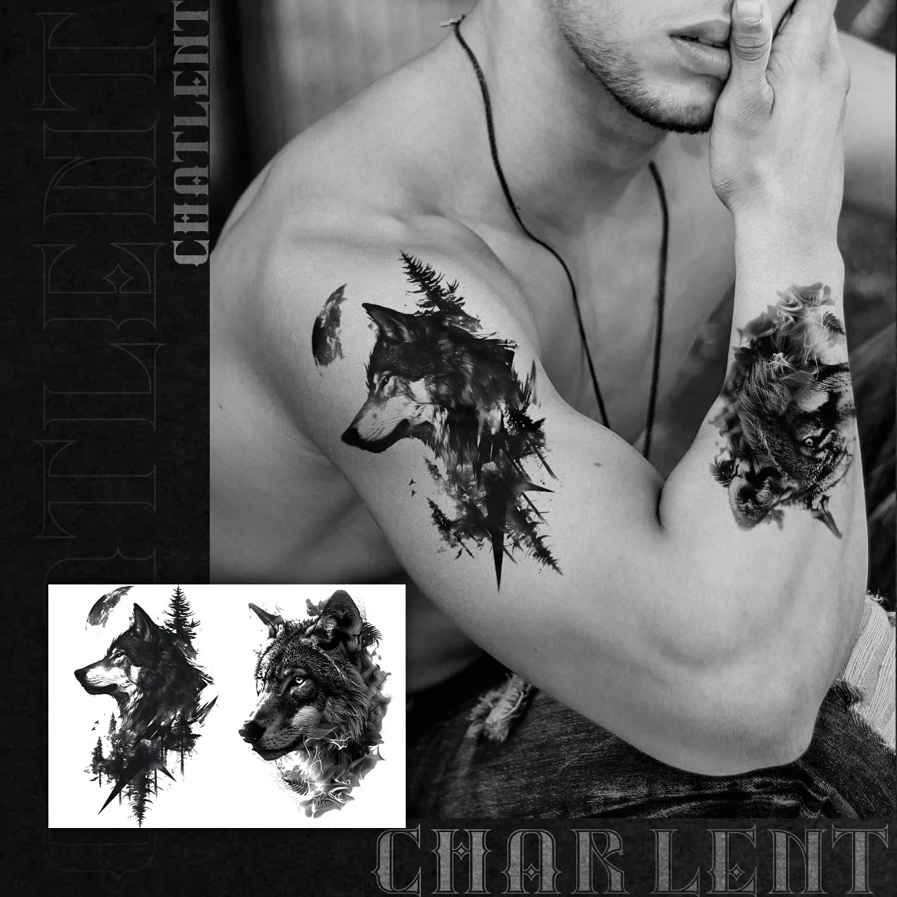 CHARLNET 18 Pcs Realistic Tiger Bear Lion Wolf Temporary Tattoos for Men Adults - Black Fake Animals Tattoo Stickers for Men Women Adult Body Art Arm Chest Shoulder