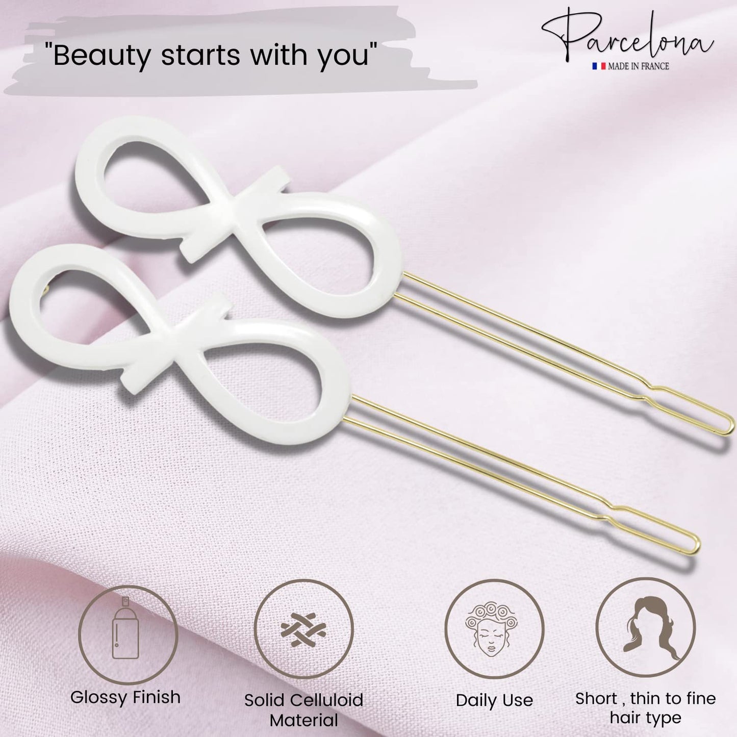 Parcelona French Ribbon Knot Infinity 2 1/4" Small Celluloid Acetate Hair Clips with Tige Boule Clasp Set of 2 Fashion Durable Styling No Slip Grip Women Hair Accessories Girls Side Slide-in Barrette Clip ,Made in France (Solid White)
