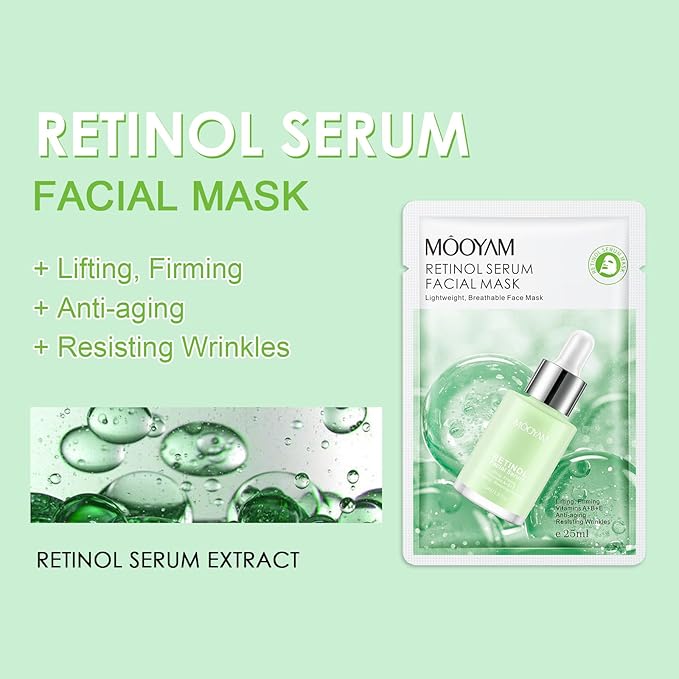 Face Masks Skincare, 6 Pack Retinol Serum Sheet Masks - Hydrating & Smoothing, Moisturizing & Nourishing for All Skin Types
