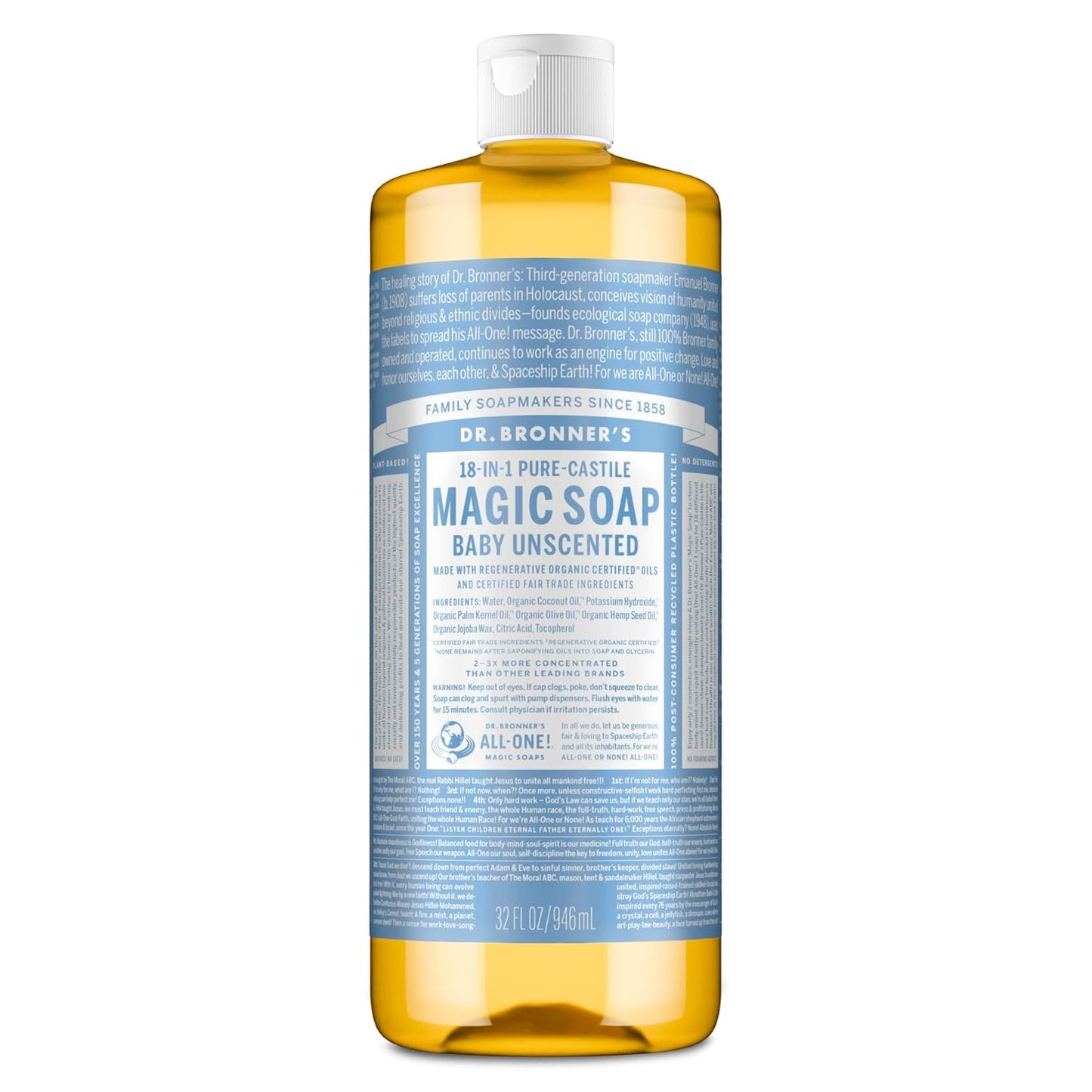 Dr. Bronner's Pure-Castile Magic Liquid Soap - Made with Regenerative Organic Certified Oils - 18-in-1 Uses for Face, Body, Hand Gentle on Baby & Sensitive Skin Body Wash Unscented,32oz