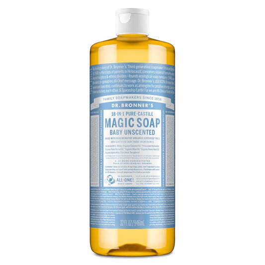 Dr. Bronner's Pure-Castile Magic Liquid Soap - Made with Regenerative Organic Certified Oils - 18-in-1 Uses for Face, Body, Hand Gentle on Baby & Sensitive Skin Body Wash Unscented,32oz
