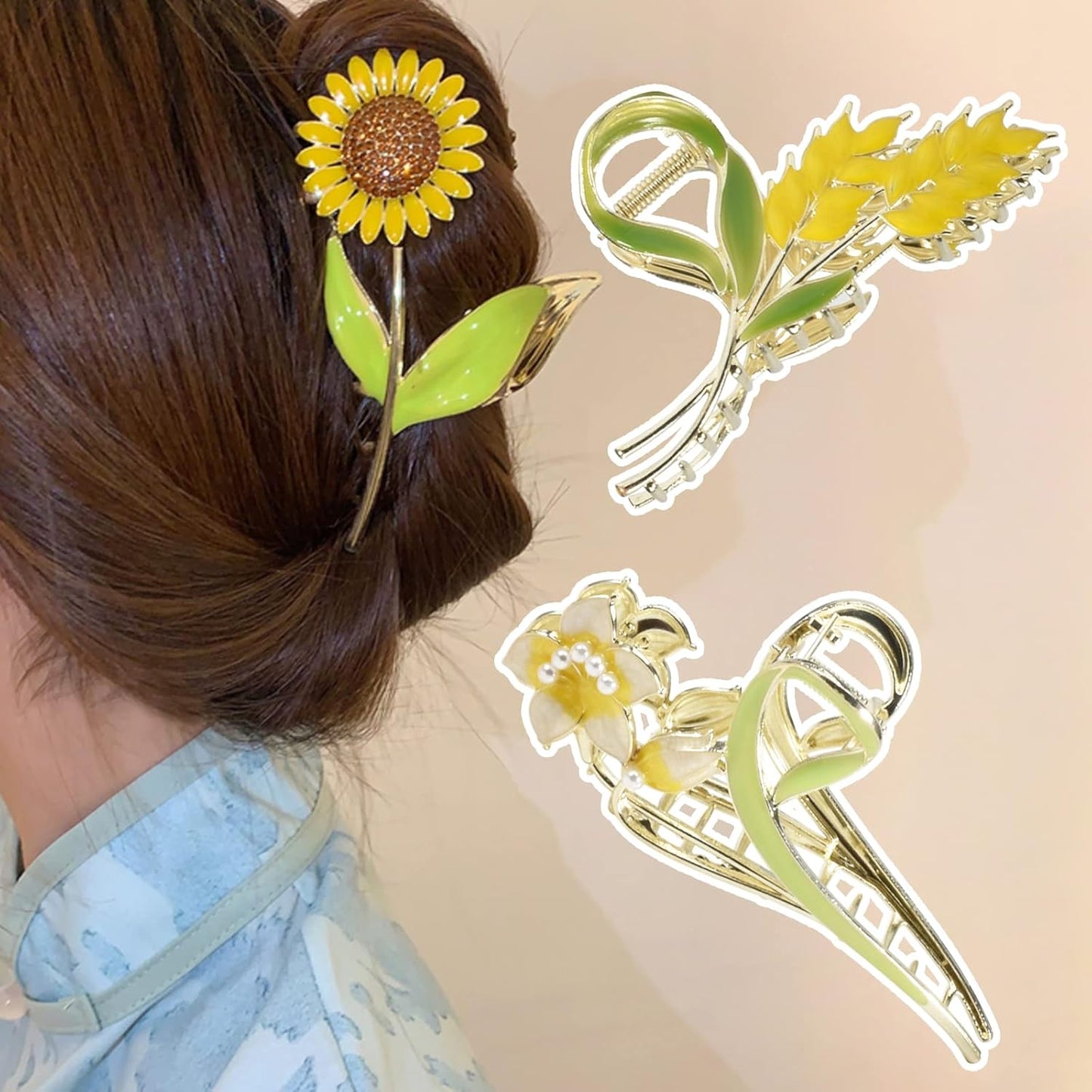 3-Piece Floral Metal Hair Clips, Sunflower Lily Wheat Designs for Thin/Medium Thick Hair, Elegant Barrettes With Strong Hold Non-Slip Clamps, Cute Catch Accessories