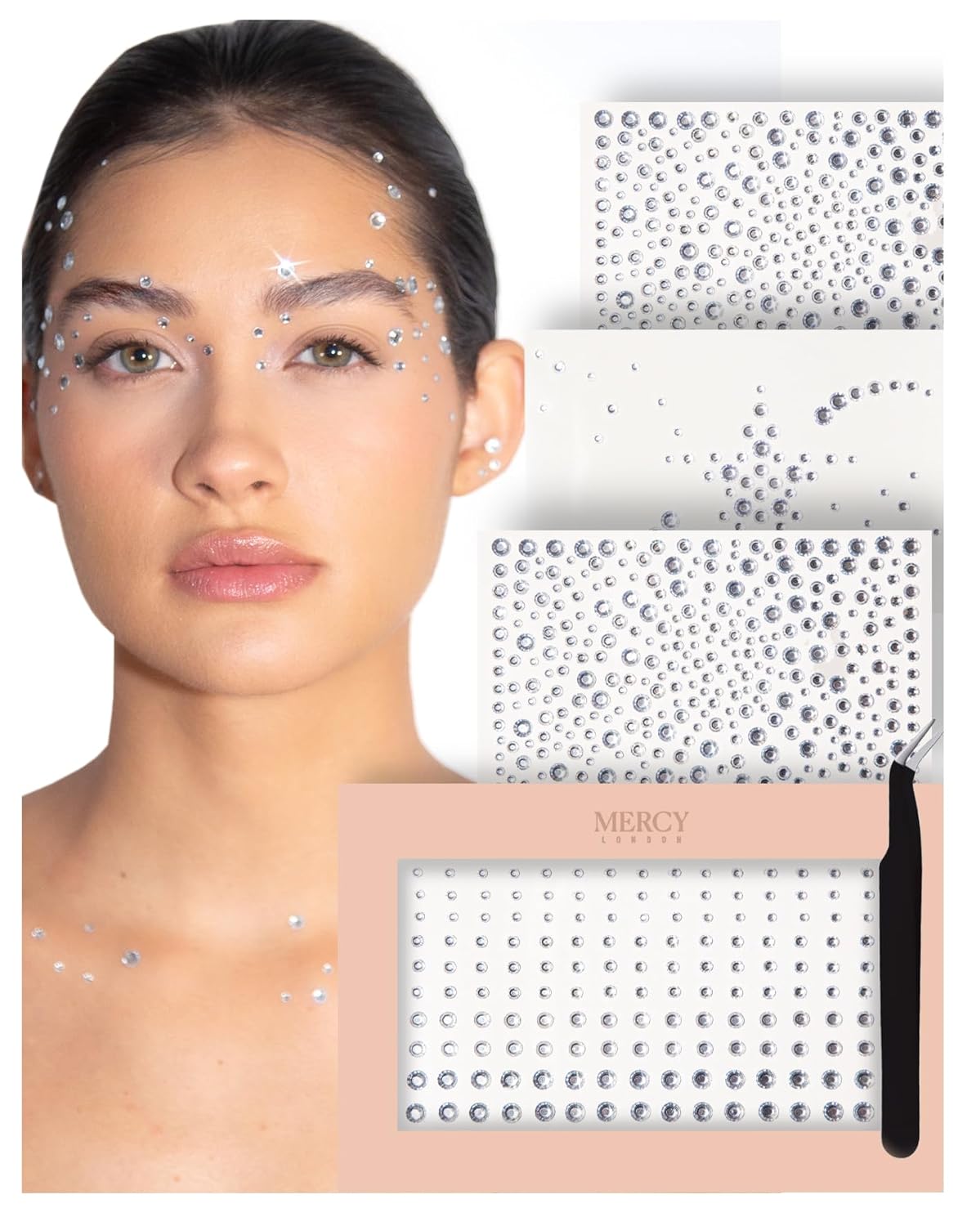 MERCY LONDON Face Gems in Clear, 866 Self Adhesive Makeup Face Gem Stickers, 4 Sheets, Reusable Eye Gems, DIY Face Gems
