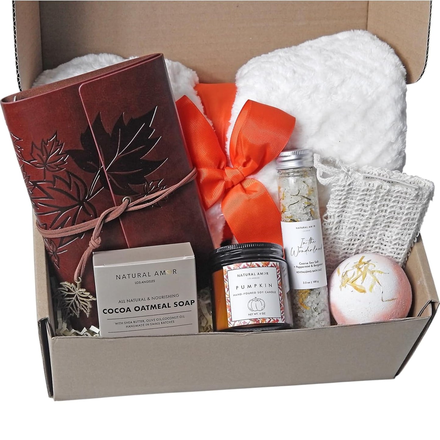 Natural Amor Fall Spa Gift Set for Women – Cozy Blanket, Pumpkin Candle, Handmade Soap, Bath Bomb, Journal – Handmade Autumn Self Care Box, Relaxation Gift for Her