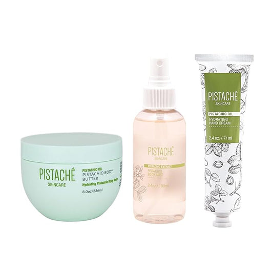 Pistaché Skincare Pistachio Oil Worth the Hype Trio Set + Whipped Body Butter + Hand Cream + Body Mist + Moisturizing + Softening + Vitamin E + Antioxidant Protection