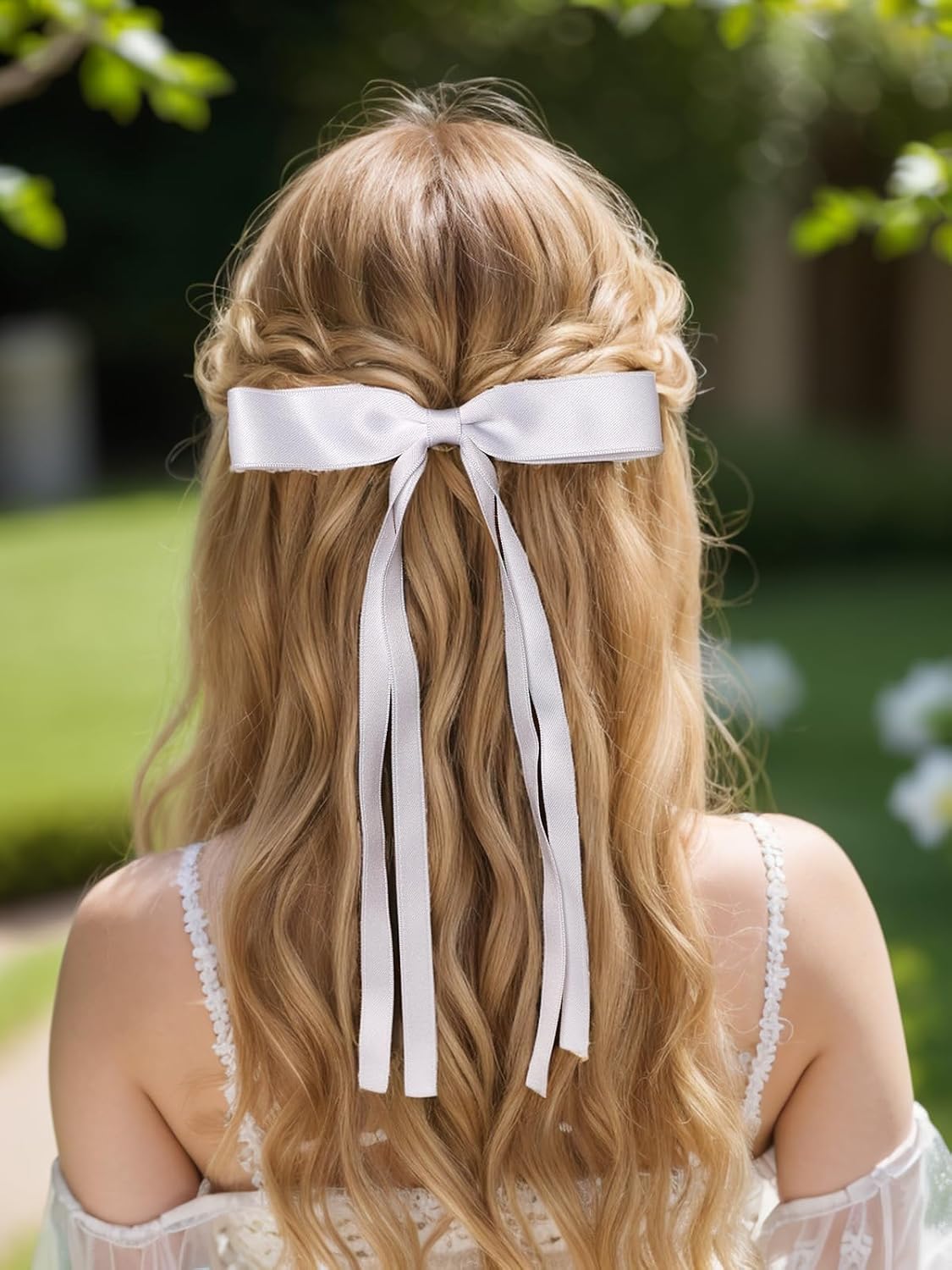 LFOUVRE 4pcs Hair Clips for Women Tassel Ribbon Bowknot with Long Tail, Clip Girl, Solid Accessories Barrettes Claw Bow (Navy White Light Blue Green), Pack of 1