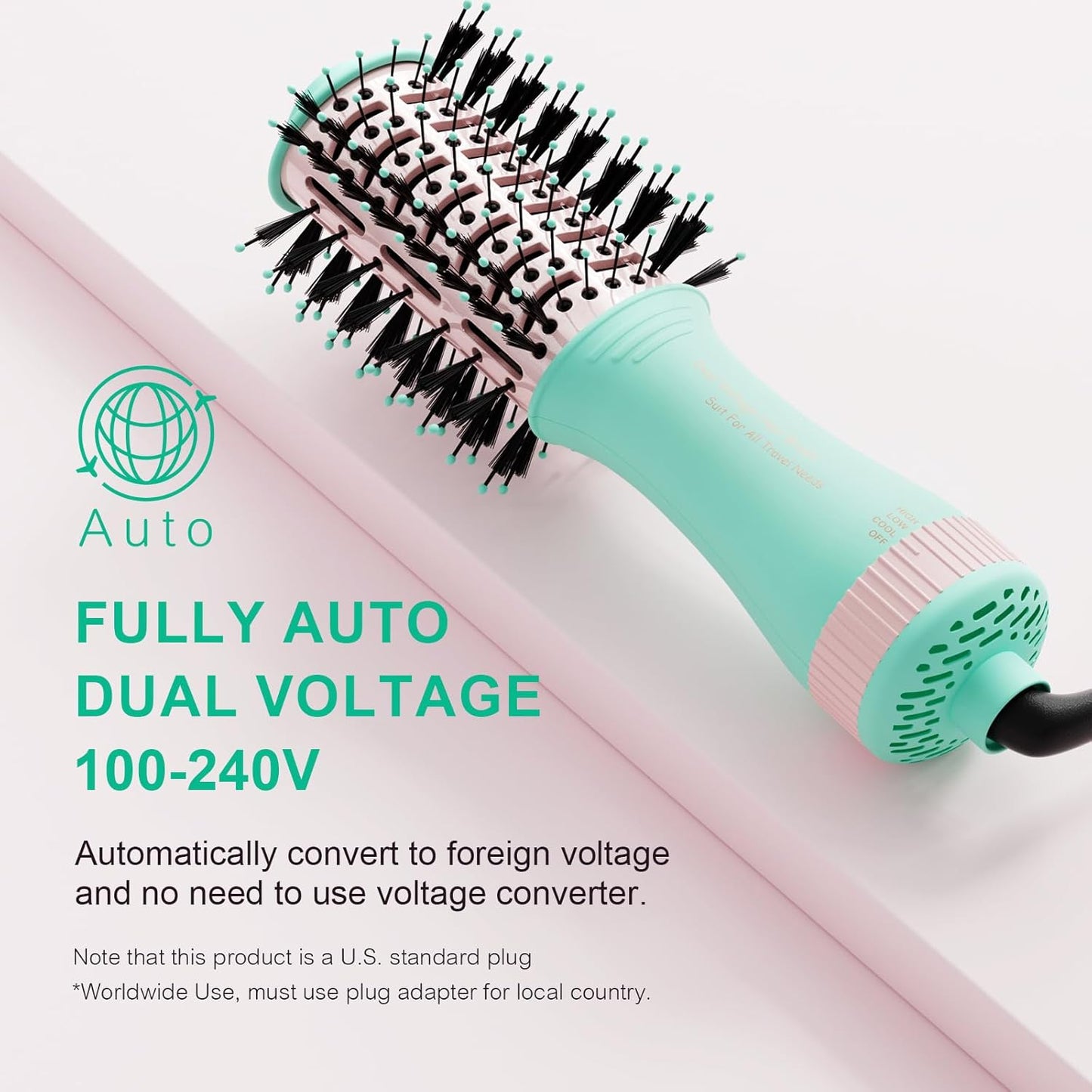Travel Hair Dryer Brush Dual Voltage Blow Dryer in One, 2 inch Mini Hot Air Styling Tool, Hair Volumizer/Straightener/Curler with Universal Adapter, European Travel Size Styler
