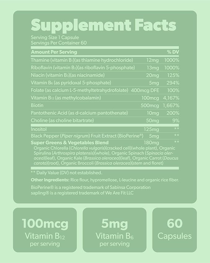 Vegan Vitamin B Complex - Whole Food Blend with Essential B Vitamins B1, B2, B3, B5, B6, B7, Folate, B12-60 Caps