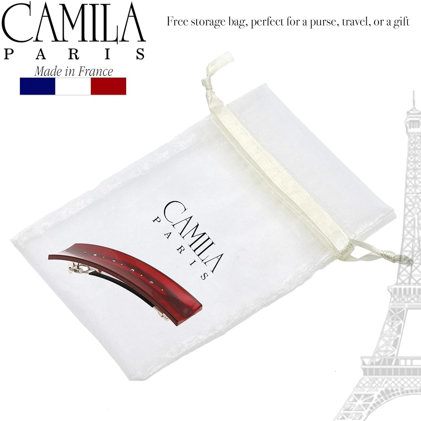 Camila Paris CP3190 French Hair Barrette Clip for Girls, Red, Rubberized Automatic Clasp Strong Hold Grip Hair Clips for Women, No Slip and Durable Styling Girls Hair Accessories, Made in France