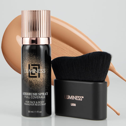 LUMINESS Airbrush Body Coverage with Self Tanner Brush - Tattoo Cover Up Makeup - Full Coverage Foundation for Face & Body - Water-Resistant, Long-Wear, Natural Radiant Finish, Warm