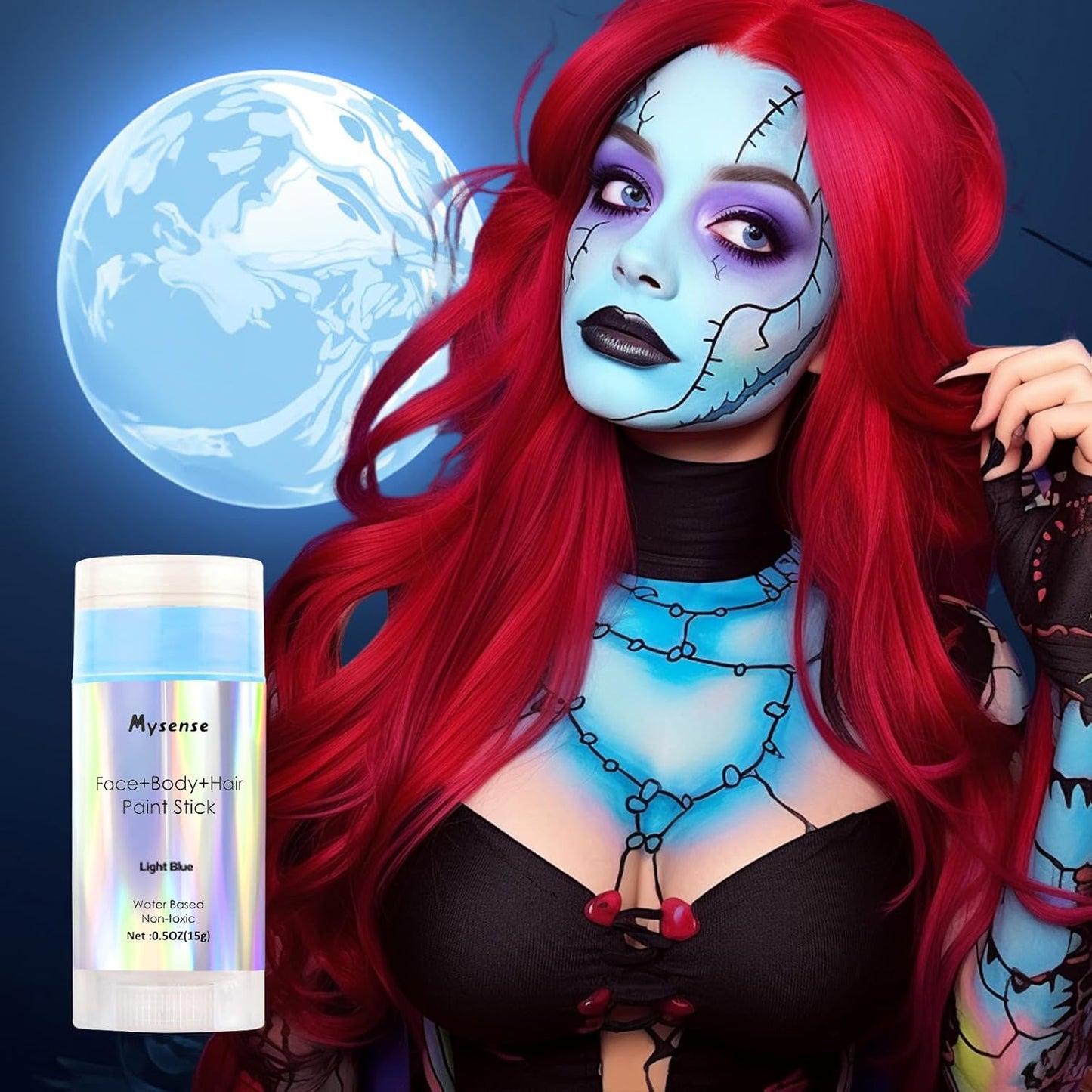 Mysense Light Blue Face Body Hair Paint Stick,Water Based Washable Temporary Hair Color,Non-toxic Cream Body Paint for Adults and Kids Halloween Cosplay Corpse Bride Sally Face Makeup,0.5oz