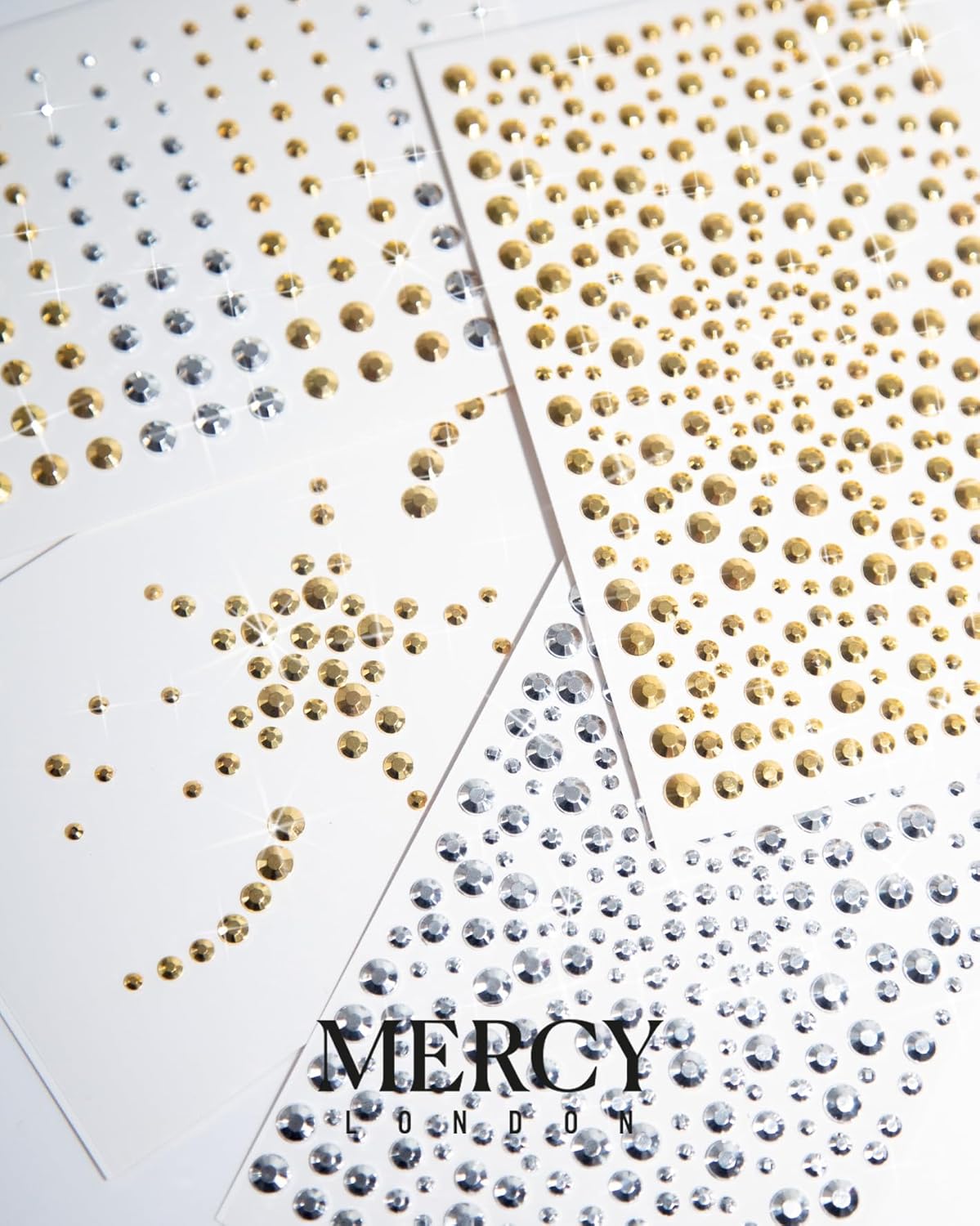 MERCY LONDON Face Gems in Metallic Gold Silver Studs, 866 Self Adhesive Makeup Face Gem Stickers, 4 Sheets, Reusable Eye Gems, DIY Face Gems