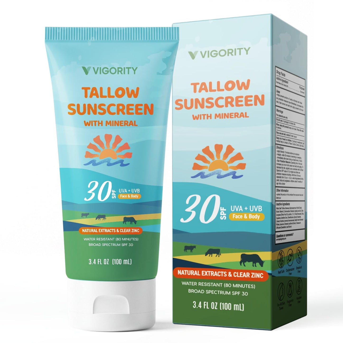 Beef Tallow Sunscreen with Zinc Oxide: Natural Non-Toxic SPF 50 Tallow Sunblock Cream for Face & Body - with 10 Food-Grade Botanical Extracts (SPF 30 (Pack of 1))