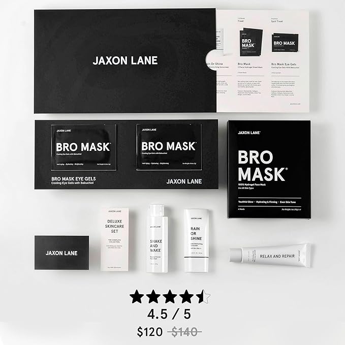 Mens Skin Care Kit 5 Piece Deluxe Facial Skincare Routine Gift Set, Anti Aging Korean Skin Care for Men: Enzyme Powder Face Wash, Moisturizer, SPF 50 Sunscreen, Bro Mask Sheet Masks, Under Eye Patches