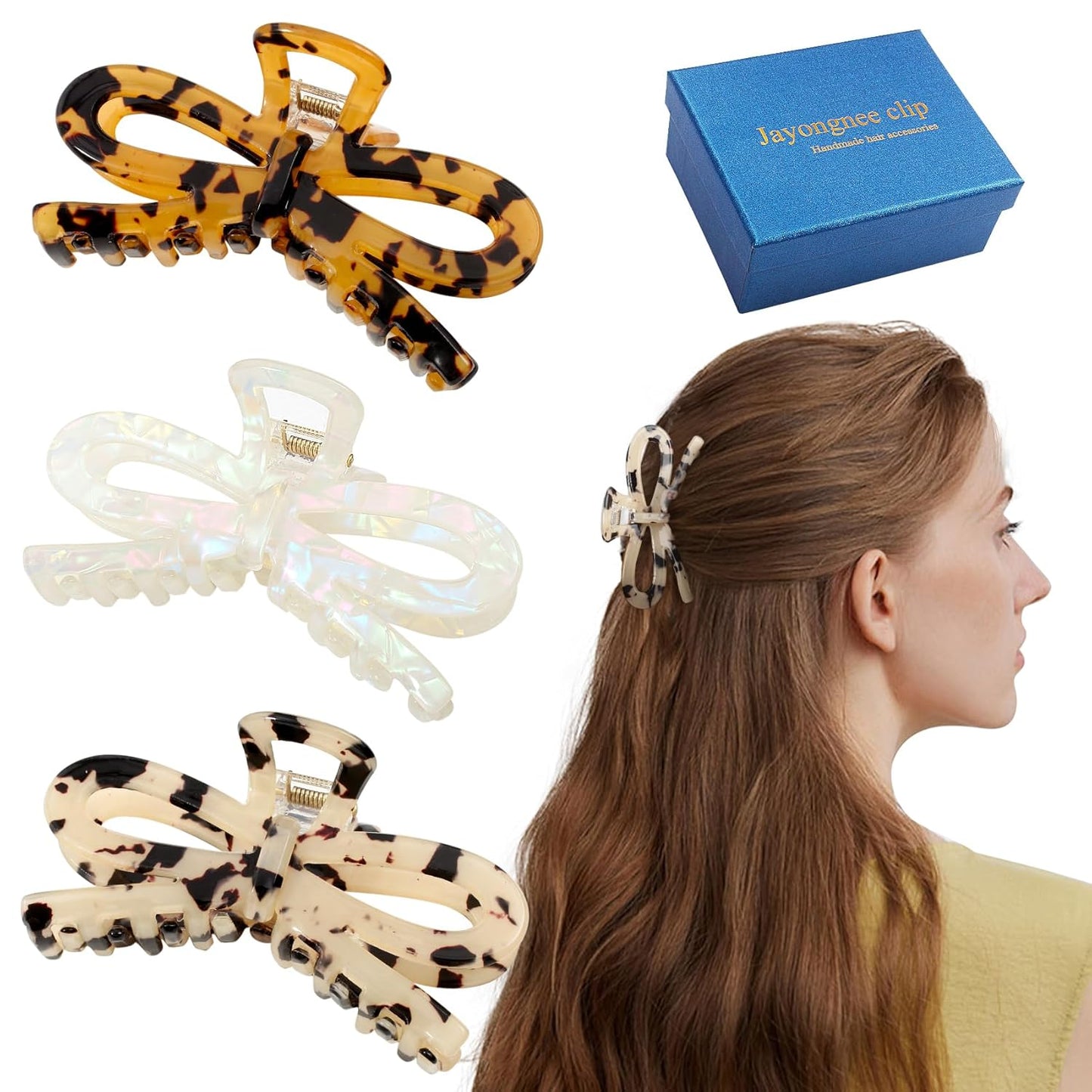 Jayongnee 3 PCS Bow Hair Claw Clips for Women - Non-Slip Hair Clamps for Thin or Thick Hair - Cute Butterfly Hair Accessories for Women Girls - Elegant Hair Styling Accessories (bow 5, Medium)