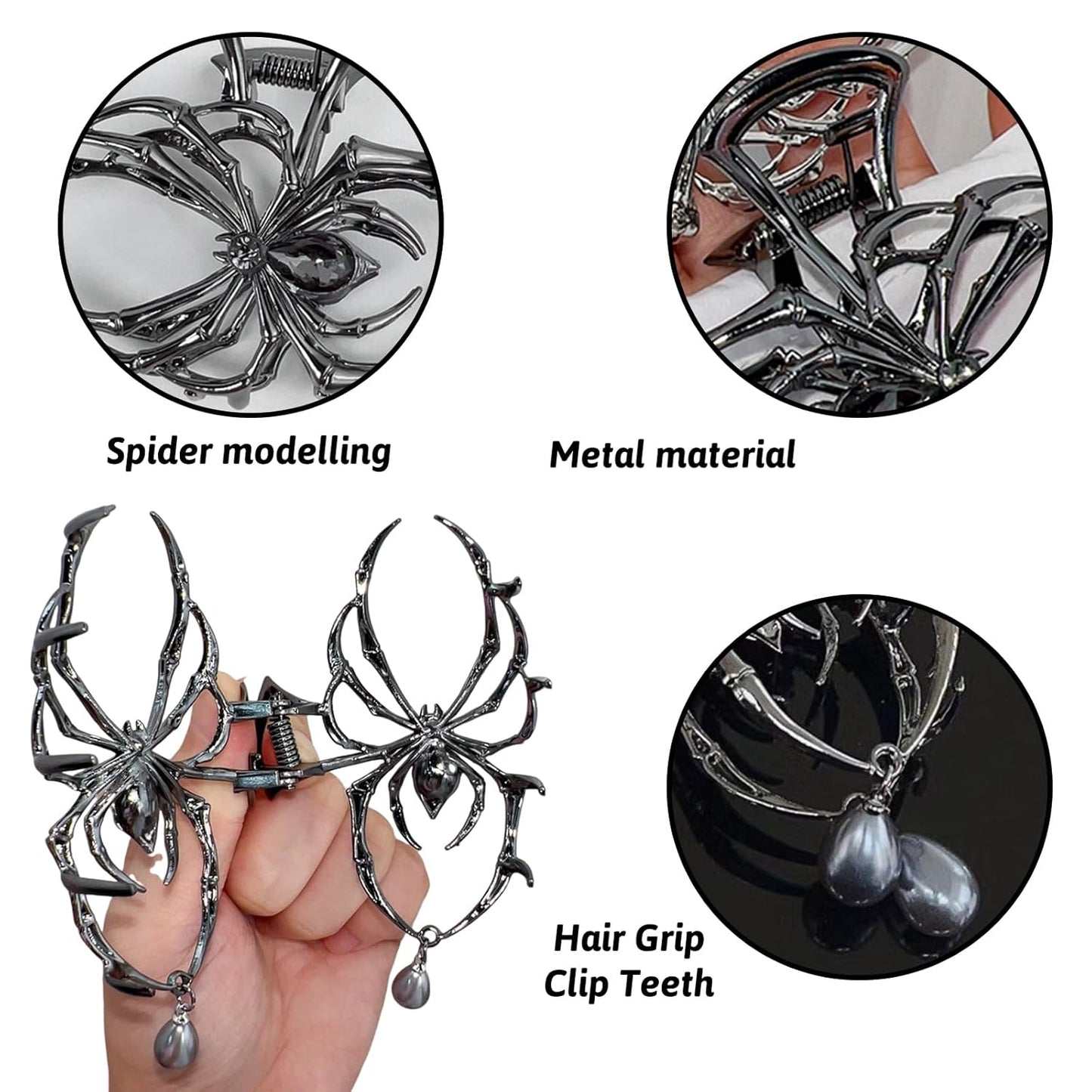 Halloween Spider Hair Claw Clips - Metal Black Alloy Nonslip Strong Hold Jaw Clips - Punk Gothic Spider Style 3