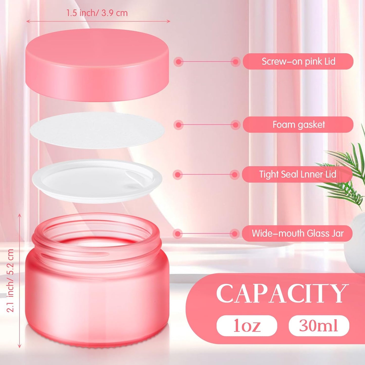 Domensi 100 Pcs 1 oz Glass Jars with Lids Bulk Round Glass Cosmetic Jars Lids 1 oz Small Travel Containers with Inner Liner for Lotions Powders Ointments Sample Cream (Pink,Pink)