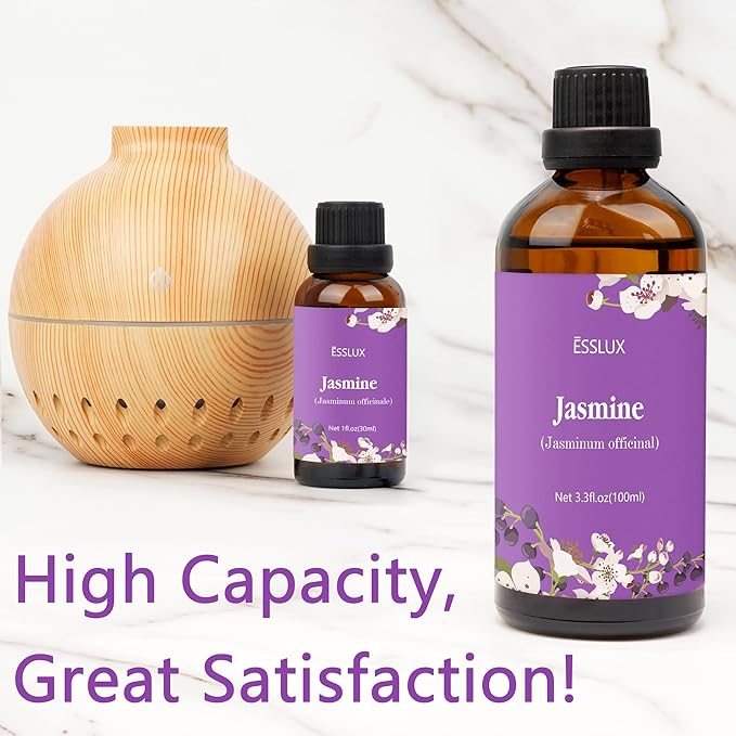 Jasmine Essential Oil 100ml (3.3 Fl Oz), ESSLUX Aromatherapy Essential Oils for Diffuser, Massage, Soap, Candle Making, Home Fragrance