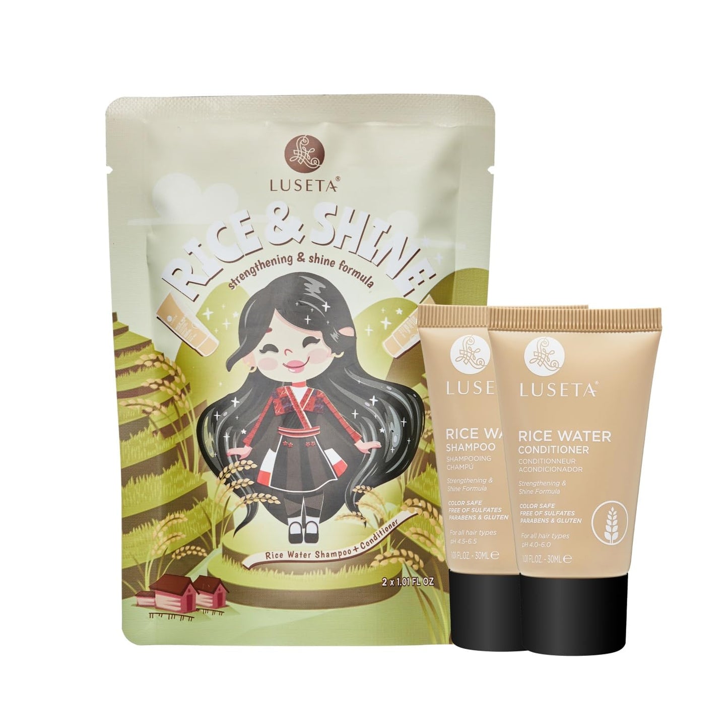 Luseta Rice Water Shampoo and conditioner Set Strengthening & Nourishing Revitalizes Shine for All Hair Types Hydrating & Frizz Control for Women and Men 1.01oz*2