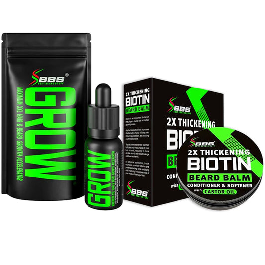 GROW Beard Growth Serum + 2X Biotin Beard Balm – Thickening Conditioner with Castor Oil & Meadowfoam – Fills Patches, Boosts Growth, Softens & Styles – For Thicker, Fuller Men's Facial Hair