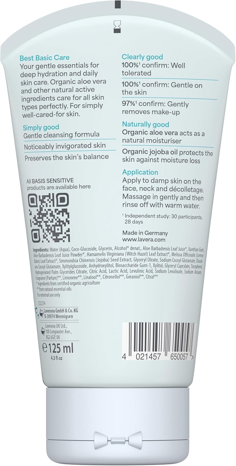 lavera basis sensitiv wash gel aloe vera & jojoba - Revitalizes & refreshes - Vegan plant active ingredients - natural cosmetics - Natural & innovative facial cleansing - 4.2 Fl Oz