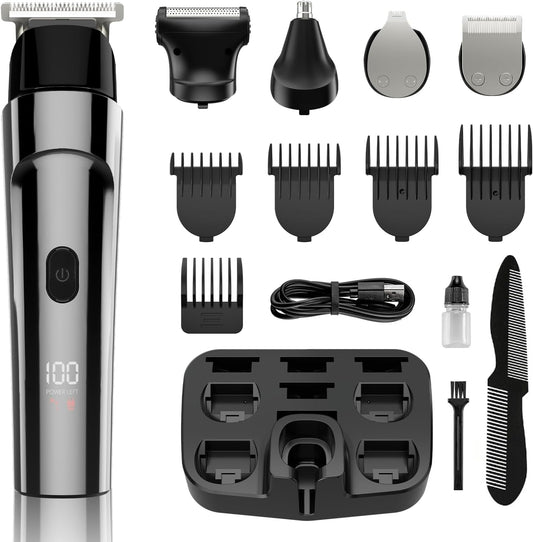 Beard Trimmer for Men, 5-in-1 Cordless Hair Clipper Kit with Foil Razor, Waterproof Body, Nose & Ear Groomer, Precision Trimming for Beard, Hair & Body Care (Gray)