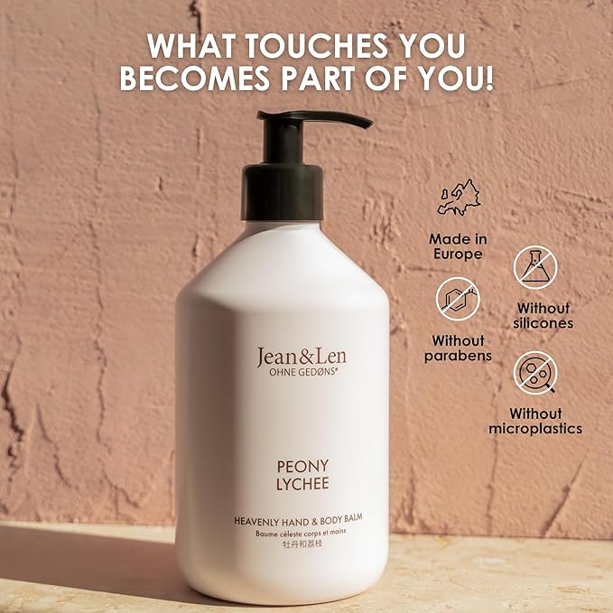 Jean & Len Heavenly Hand & Body Balm Peony & Lychee, for a fragrant care experience, with organic argan oil and shea butter, minimalistic bottle, without parabens & silicones, 16.91 Fl. Oz.