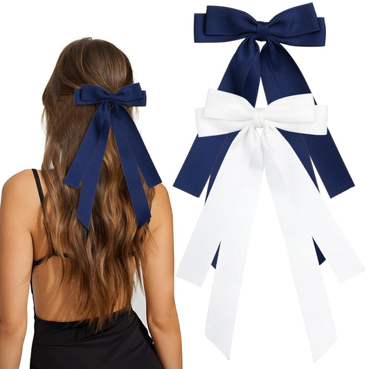 Bow Hair Clips 2PCS Set for Women and Girls - Black White Ribbon Bows for Hair, with Long Tail, Alligator Clip (White & Navy Blue)