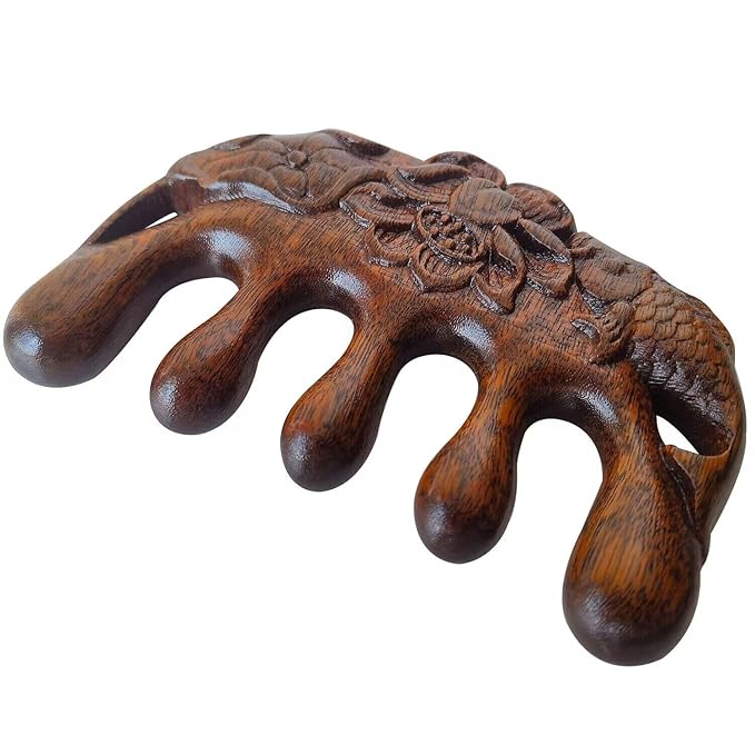 Wooden Massage Comb - 100% Natural Handmade Pure Wood Five-tooth Meridians Scalp Massager - No Static Wide Tooth Comb for Head - Scraping Massage Tool (Carving Style)