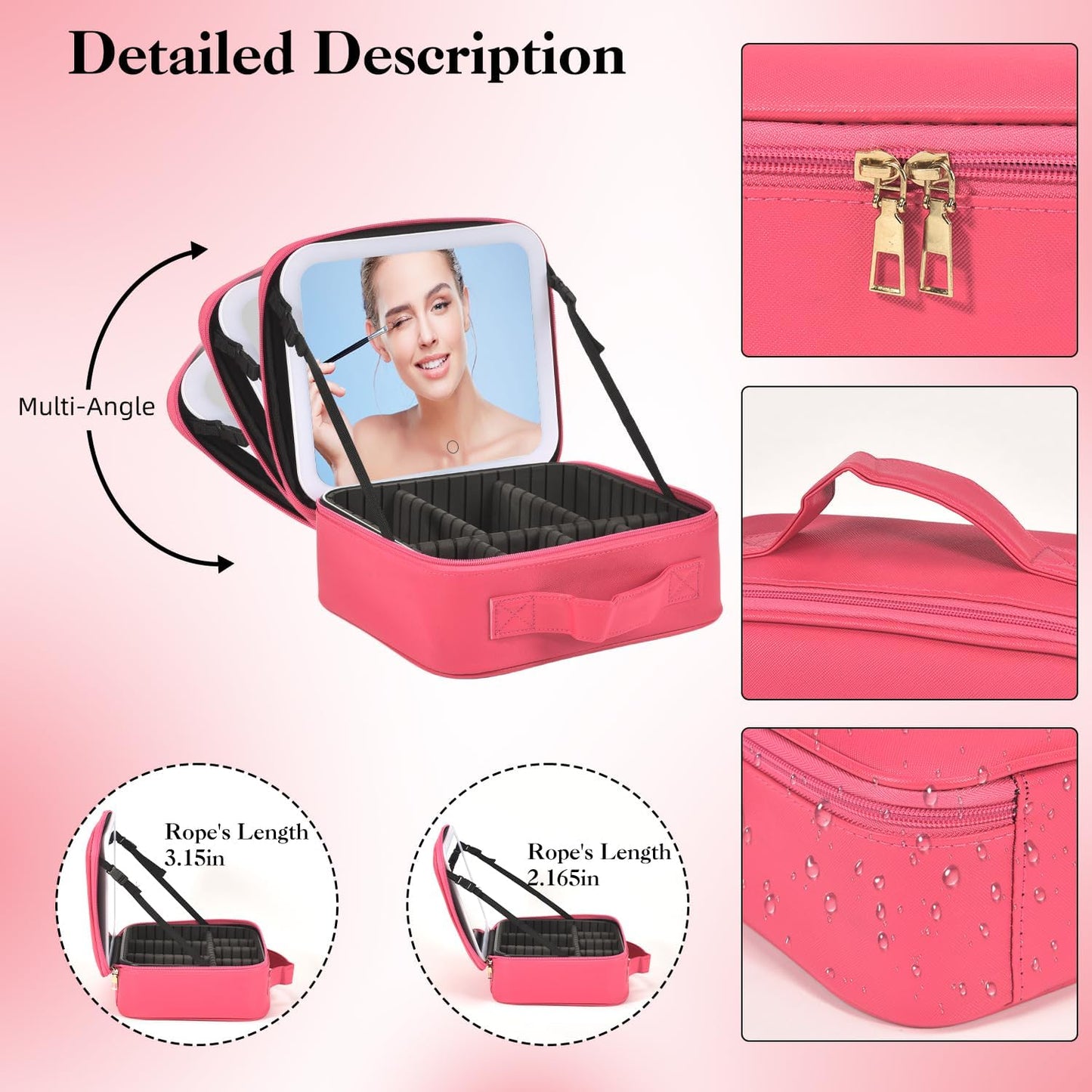 Travel Makeup Bag With LED Mirror,Cosmetic Train Case with 3 Color Setting,Cosmetic Makeup Organizer Bag with Adjustable Dividers,Portable Make up Box with Make up Brushes Holder Storage（Rose）