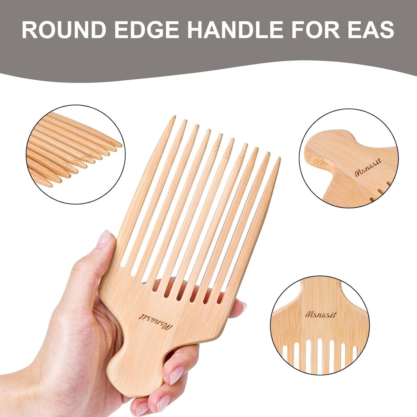 Bamboo Hair Pick for Curly Hair, Premium Wooden Wide Tooth Detangling Comb with Ergonomic Handle, Natural Volume & Styling Tool for Men Women, Fine or Thick Beard Pick