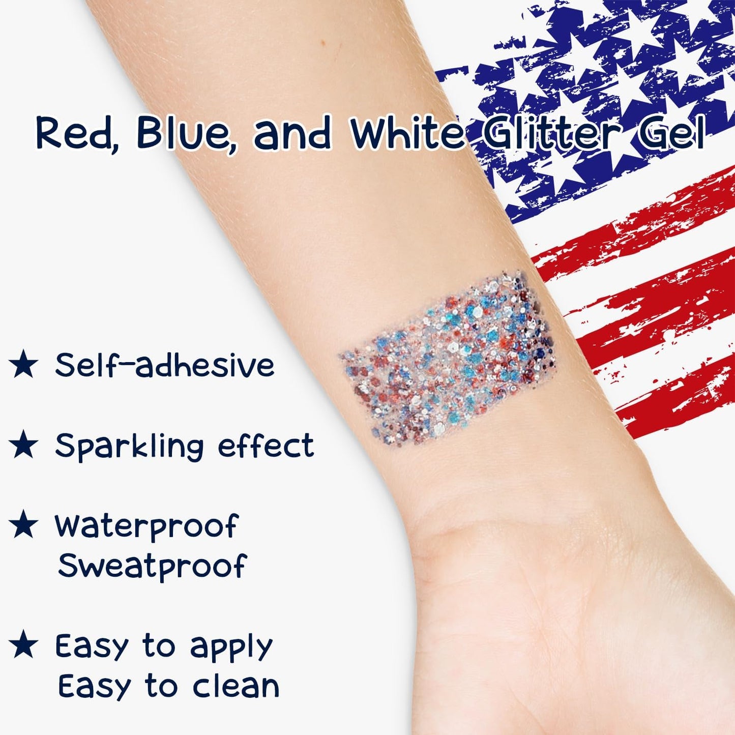 Patriotic Body Glitter Stick, Waterproof Face Glitter Gel, Chunky Glitter Face Paint, 4th of July Red White Blue Sequin Hair Glitter Makeup for American Pride USA Flag Makeup for Independence Day