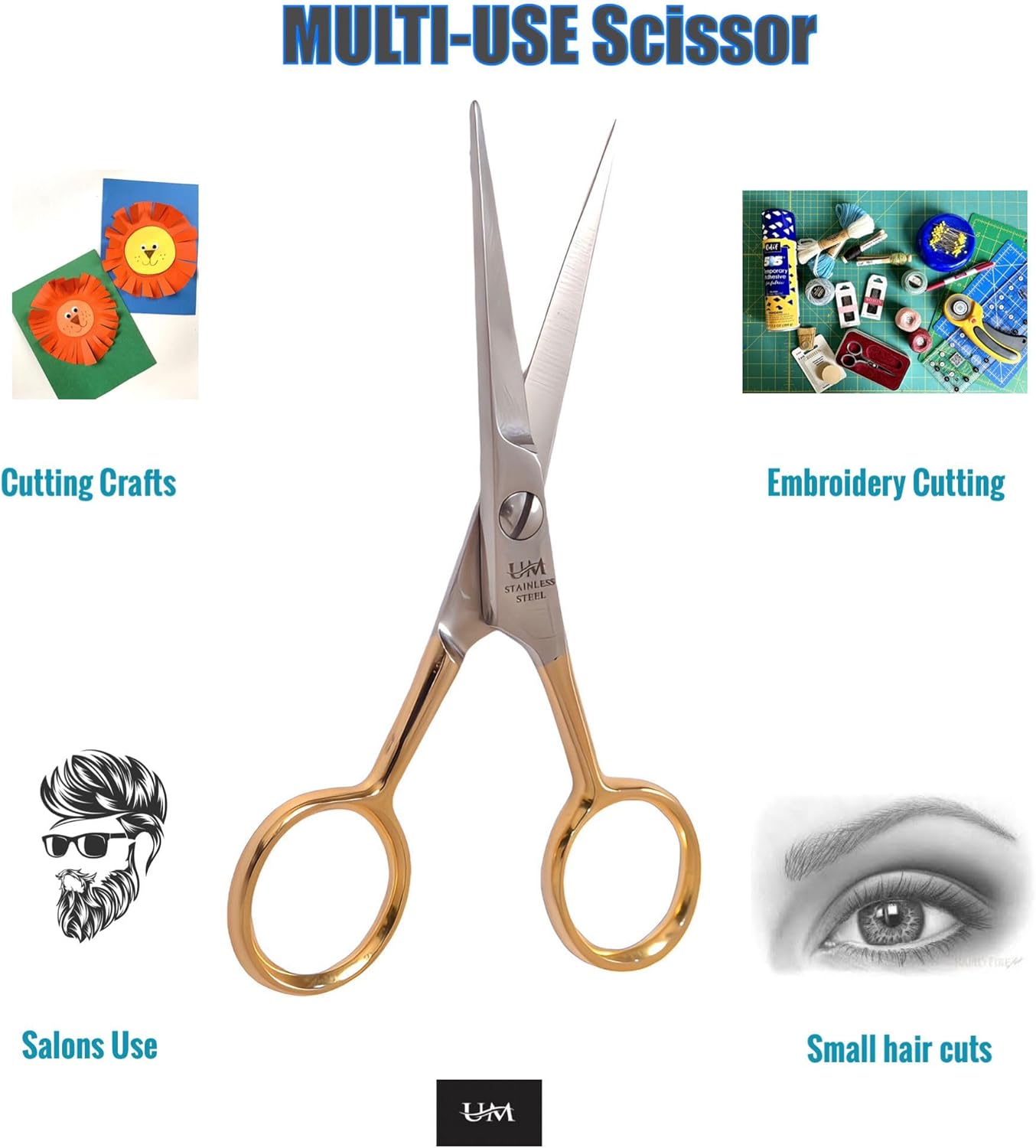 UM Supplies Hair Scissors | Premium Shears For Hair Cutting | Professional Barber Scissors with smooth Razor I Haircut Scissors For SalonIWomen Mens|kidsIPets (Silver) (SILVER-GOLD 4.5)