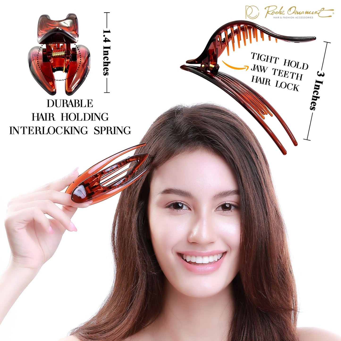 RC ROCHE 6 Pcs Flat Hair Clips Big Claw for Thick Hair French Duckbill Women No Slip Side Slide Curved Alligator Concord Strong Grip Hold Volume Lay Down Clamp, Medium Brown