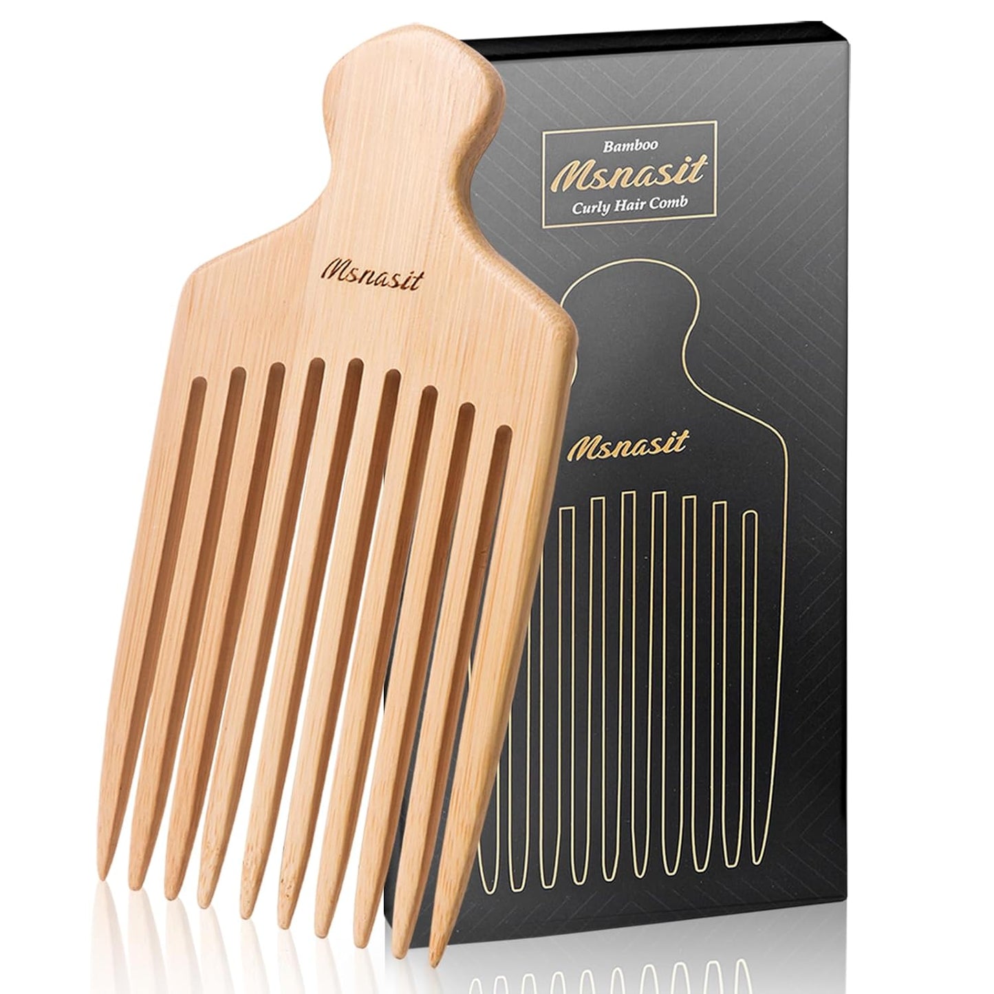 Bamboo Hair Pick for Curly Hair, Premium Wooden Wide Tooth Detangling Comb with Ergonomic Handle, Natural Volume & Styling Tool for Men Women, Fine or Thick Beard Pick