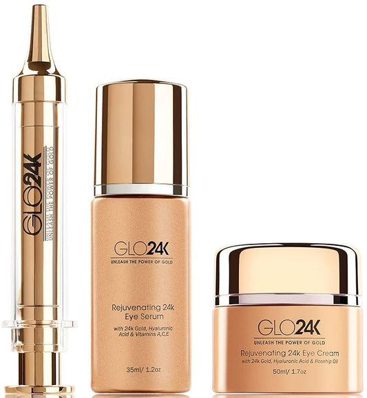 GLO24K Complete Eye Care Set with our 24k Instant Facelift Cream, Eye Cream, and Eye Serum