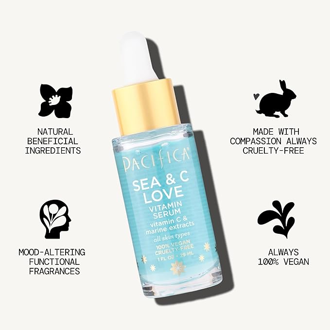 Pacifica Beauty Sea and C Love Vitamin C Serum, Skincare, Hyaluronic Acid, Green Tea, Marine Extracts, Blue Light Protection, Brightening, Lightweight, Face Care, Skin Care Serum, 1 fl oz (1 Count)