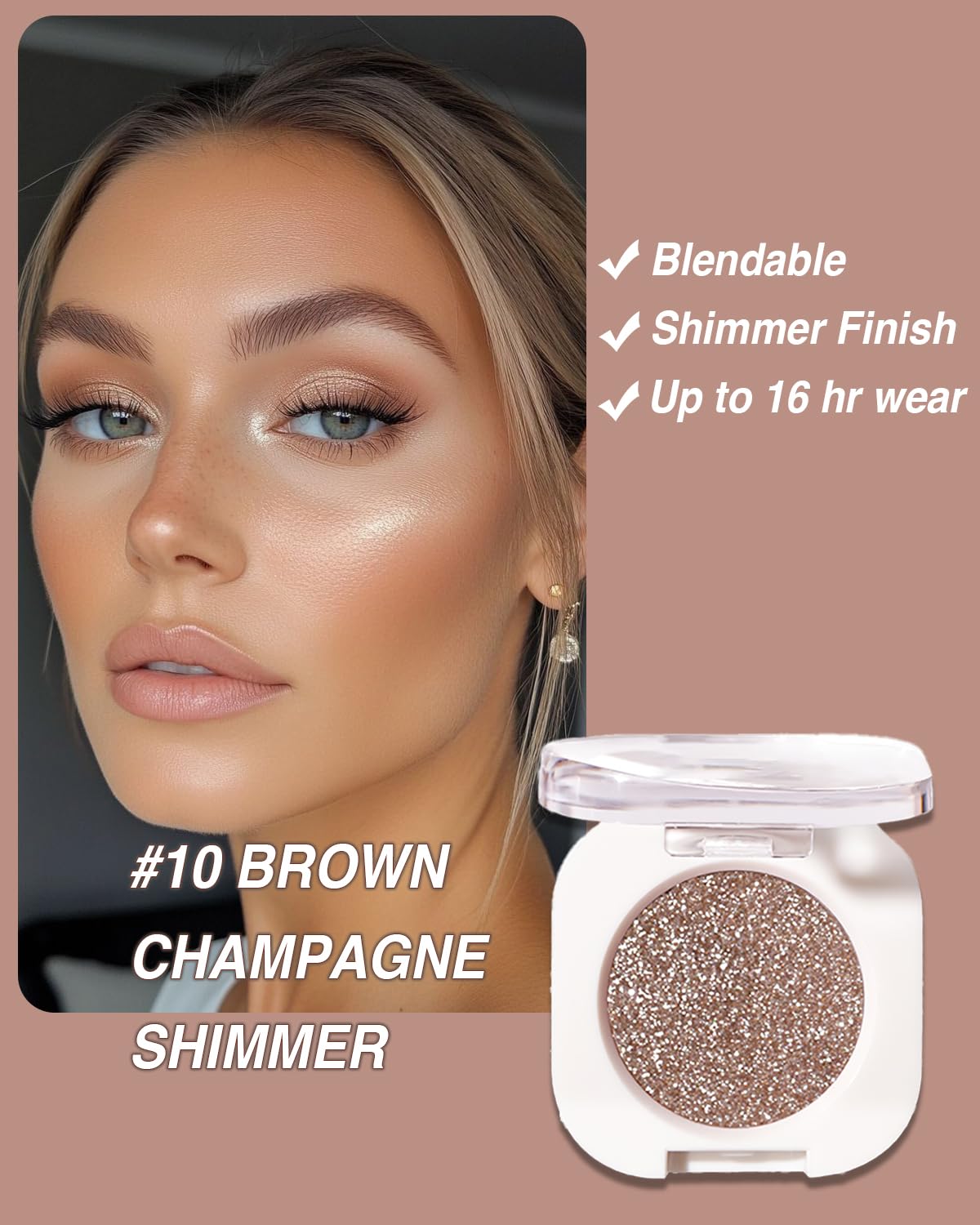Glitter Shimmer Eyeshadow, Pigmented, Soft, Smooth Formula, Blendable Sparkly Eye Shadow Eyeliner Makeup, Long-lasting Metallic and Shimmer Finish, Brown Champagne