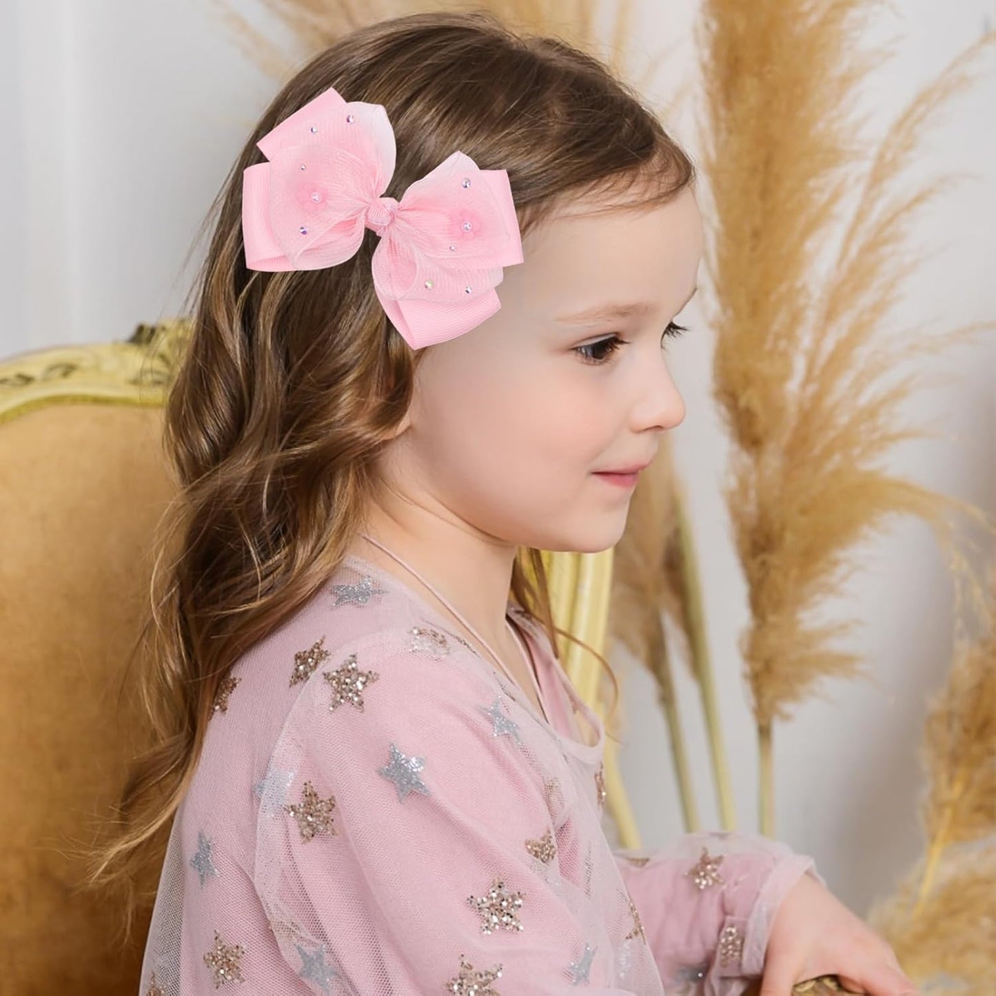 KISZU 4.5 Inch Flower Hair Bow Clips, Organza Bows with Pearls Big Hair Accessories for Baby Girls Kids Children Teens and Women (Pink)