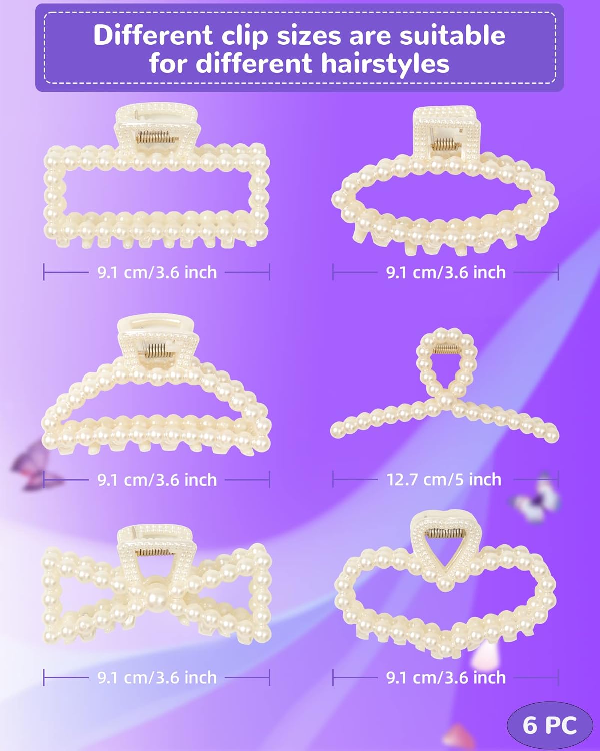 6 PACK Large White Pearl Hair Claws, Strong Hold Non-Slip Jaw Barrettes for Thick Hair, Wedding Styling Gift Accessories for Women and Girls