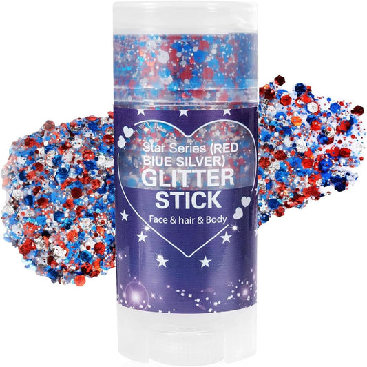Patriotic Red White and Blue Glitter Stick, 4th of July Outfits for Body & Hair, Women Kids Fourth of July Accessories, Face Hair Glitter for Independence Day, Memorial Day, Veterans Day