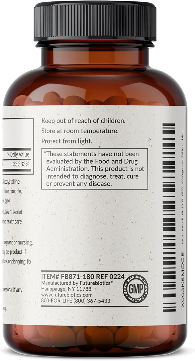Futurebiotics Biotin 10,000 MCG High Potency Tablets Supports Healthy Hair, Skin & Nails & Energy Production, Non-GMO, 180 Vegetarian Tablets