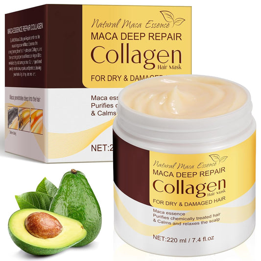 Collagen Hair Treatment Mask, Deep Repair Conditioning Hair Mask with Collagen, Maca, Avocado Oil for Dry Damaged Hair, Safe and Nourishing Formula for All Hair Types 7.4 FL OZ